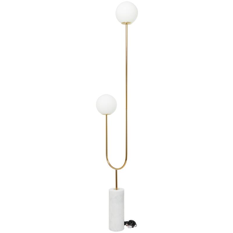 Metal Curved Orb 2 Light Floor Lamp with White Glass Shades and Black Marble Base - Gold or Silver - Roche River Decor