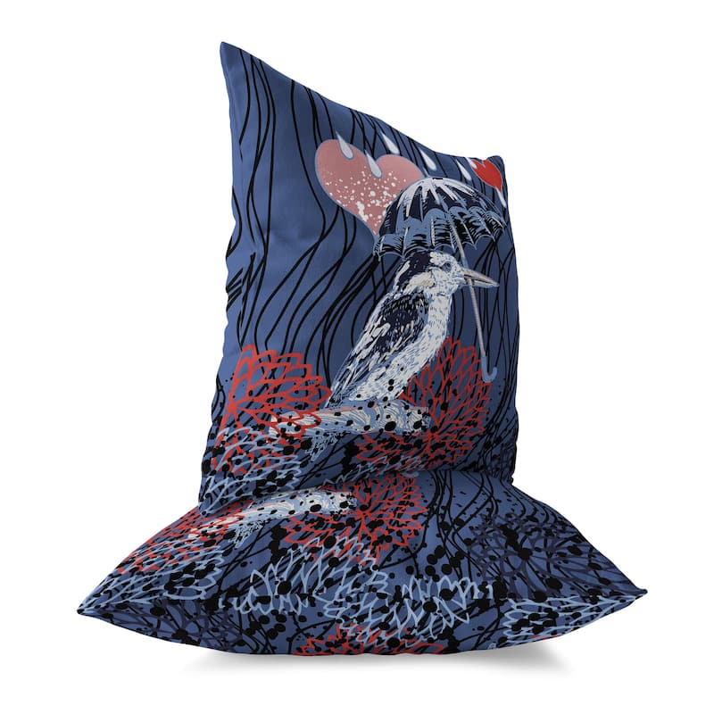 Blue And Red Bird with Umbrella Faux Suede Throw Pillow Zipper
