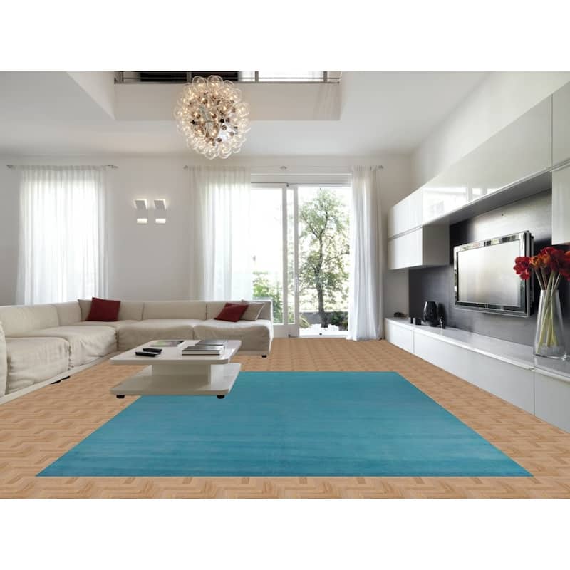 Hand Knotted Oriental 100% Wool Carpet Modern Solid Navy Blue & Blues Gabbeh Area Rug - 13' 4'' X 10' 4''