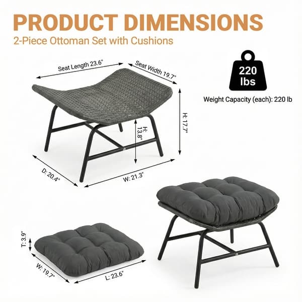 dimension image slide 3 of 4, 2-Piece Outdoor Wicker Ottomans with Cushions, Weather-Resistant Boho Patio Rattan Footrests for Garden, Porch, and Balcony