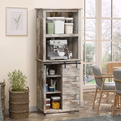 Sliding Barn Door Kitchen Pantry with Hutch and Adjustable Shelf