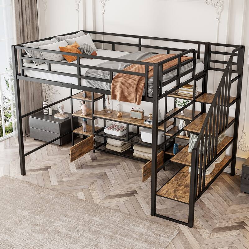 Durable Full Metal Loft Bed with Built-In Storage Desk, Shelves, and Full-Length Guardrails for Enhanced Safety