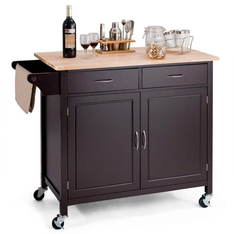 Brown Kitchen Island Storage Cart with Wood Top and Casters - 43" x 19.5" x 35.5" (L x W x H)