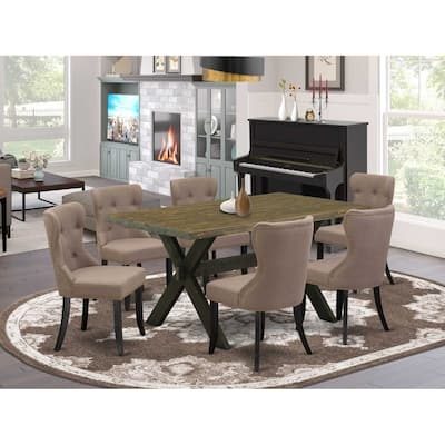 HomeStock 7-Piece Rectangle Distressed Jacobean Finish Solid Wood Top Dining Table with 6-Chairs