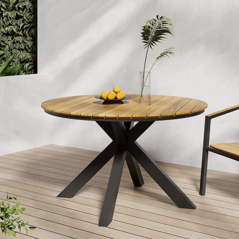 Roomfitters Outdoor Dining Table, Teak Acacia Wood Tabletop with Black Metal Legs, Teak+Black