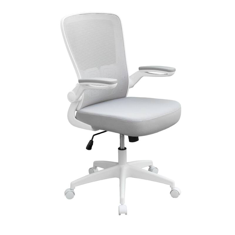 Rolling Task Chair, Gray Mesh, White Flip Up Arms, Upright Locking