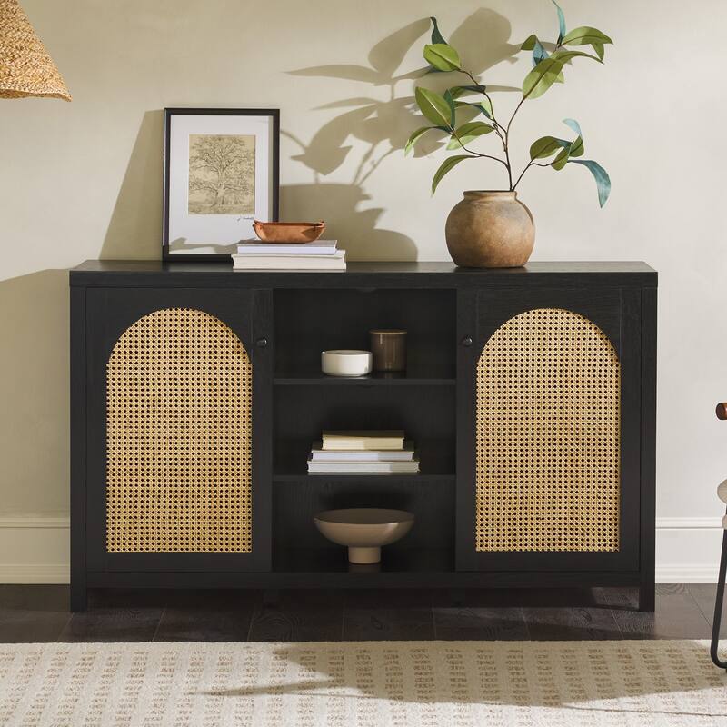 Transitional 58" 2-Door Sideboard with Arched Rattan Panels for Living Room, Bedroom and Office