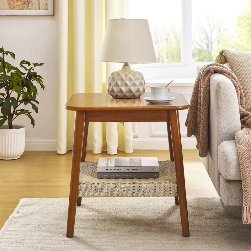 23" & 47.25" Mid-Century Boho Side Table & Coffee Table with Woven Storage Shelf - 23 inch