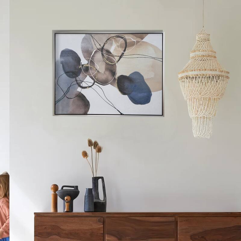 35 x 47 Framed Wall Art, Landscape Abstract Watercolor, Modern White, Blue