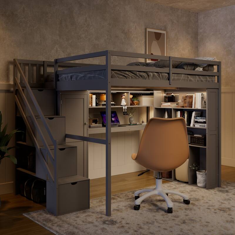 Full Loft Bed with Built-In Wardrobe & Study Desk - Space-Saving Frame with LED Lights & Shelves