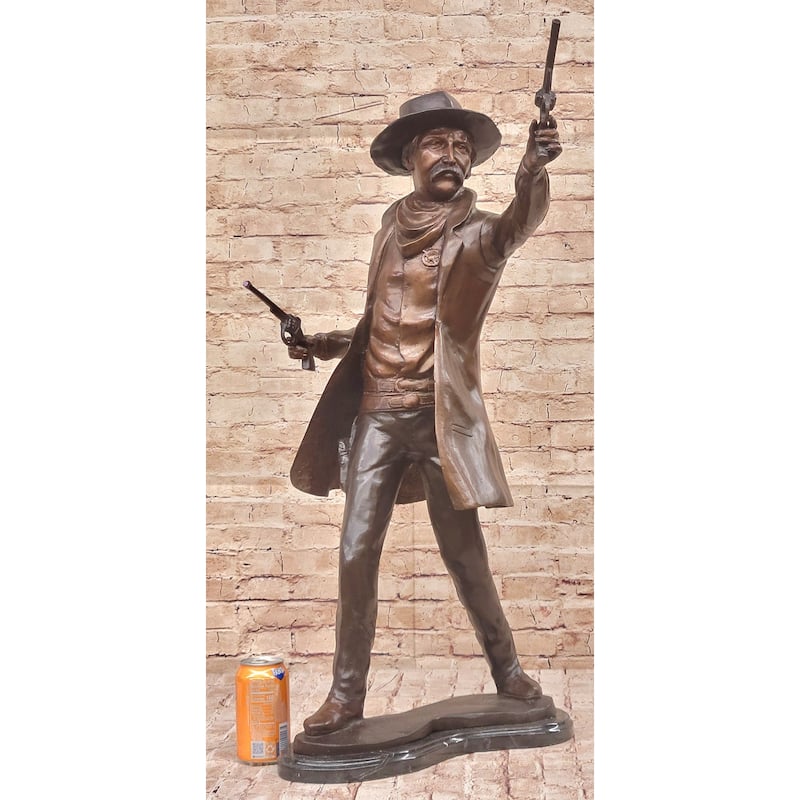 Wyatt Earp Gunslinger Wild West Sherriff Shooting Dual Pistols - Bronze Sculpture Statue Western