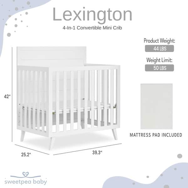 Sweetpea Baby Lexington 4 in 1 Convertible Mini Crib made with Sustainable New Zealand Pinewood - White