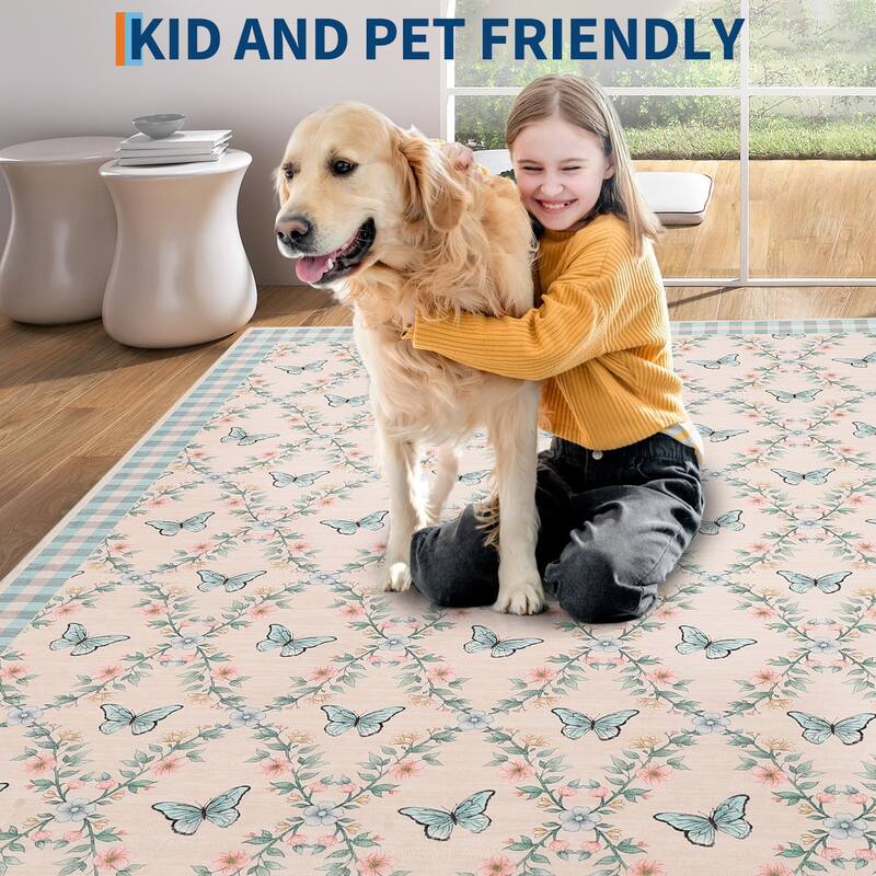 Butterfly Pattern Rugs for Living Room, Modern Floral Area Rug, Washable Border Plaid Non Slip Floor Carpet