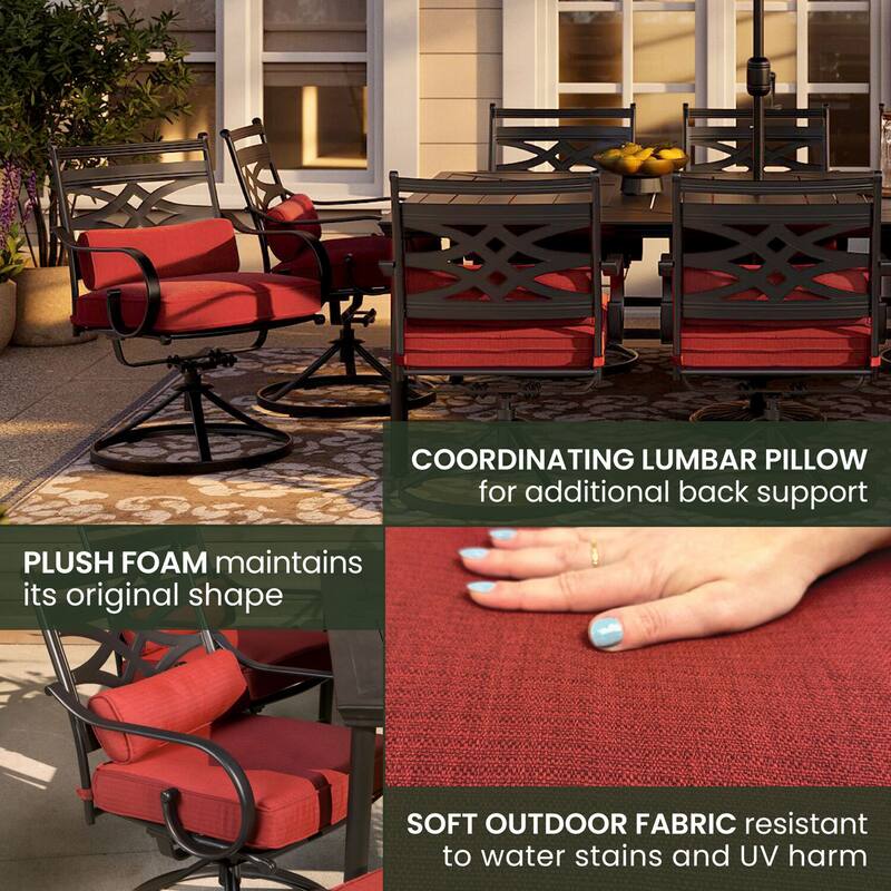 Hanover Montclair 11-Piece Dining Set in Chili Red with 10 Swivel Rockers and a 60-In. x 84-In. Table