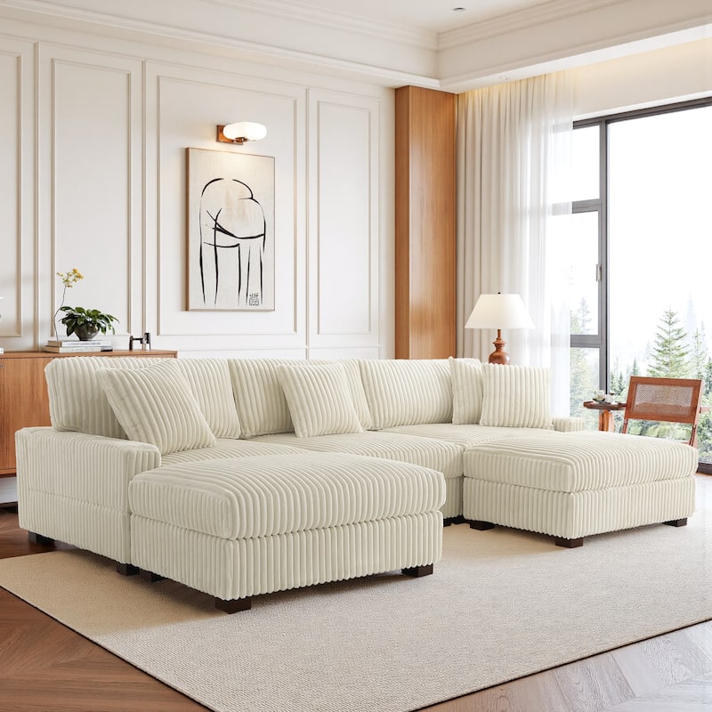 Modular Sectional Sofa Set with Adjustable Headrests and Ottomans - White/5 Piece