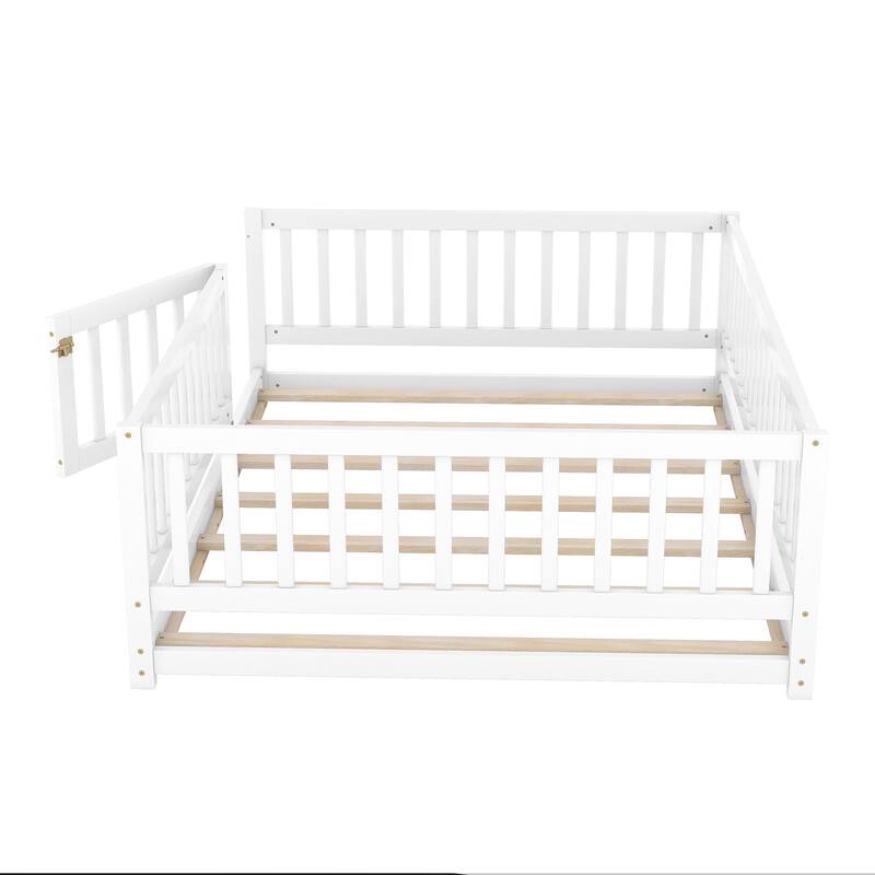 Full Size Wooden Floor Bed with Slats, Fence, and Removable Door for Kids, Montessori Style