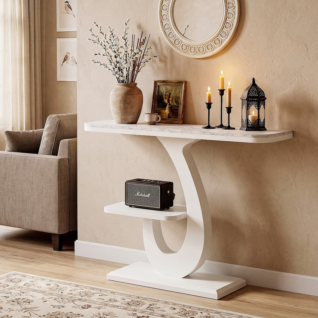 39 Inch S-Shaped Modern Narrow Console Table with Metal Legs