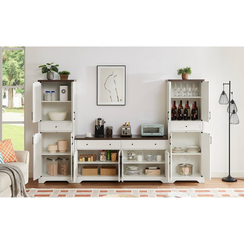 Modern Multi-Functional TV Stand Set, Modular TV Stand with 1 TV Stand and 2 Side Cabinets, for Living Rooms, White+Walnut