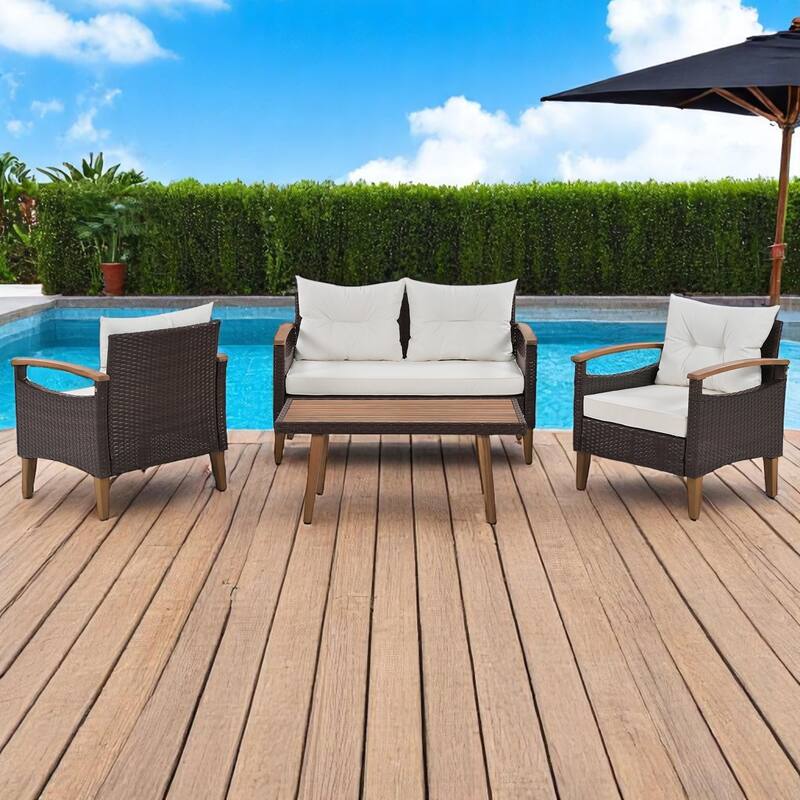 4-Piece Outdoor Wicker Sofa Set with Armrests, Coffee Table, Cushions, Pillows, and Protective Cover,outdoor Patio Furniture set