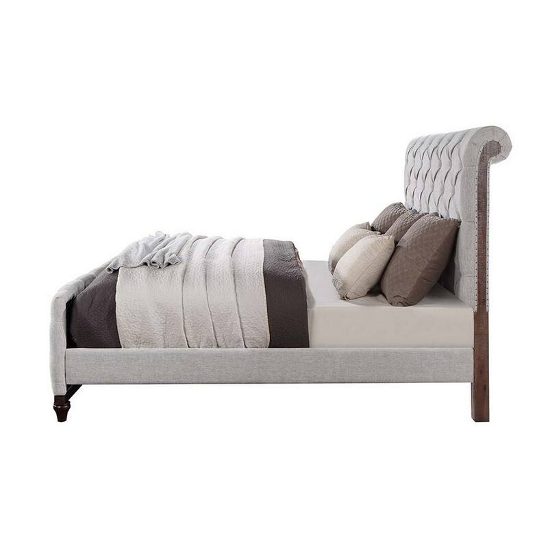 Kael Deep Tufted Queen Size Bed, Soft Light Gray Fabric Upholstered Frame