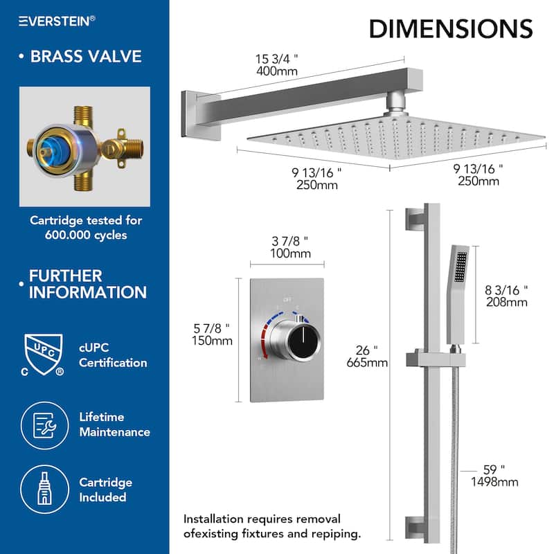 Slide Bar High-Pressure Balancing Shower System 10" Rainfall Shower Head with Handheld Shower