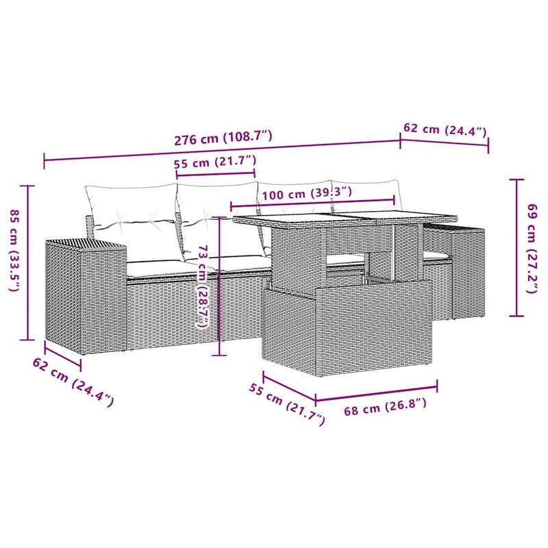 vidaXL Patio Sofa Set with Cushions Table and Couches 5 Piece Poly Rattan - 21.7 x 24.4 x 27.2