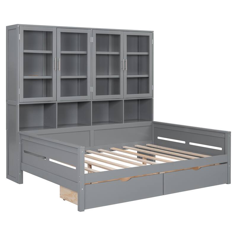Bookcase Daybed with Storage Cabinets Wooden Captains Bed Built-in LED Lighting