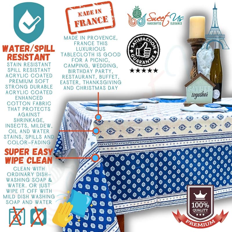 Wipeable Stain Resistant French Chateau Cotton Floral Tablecloth - 60 x 78 in - Blue