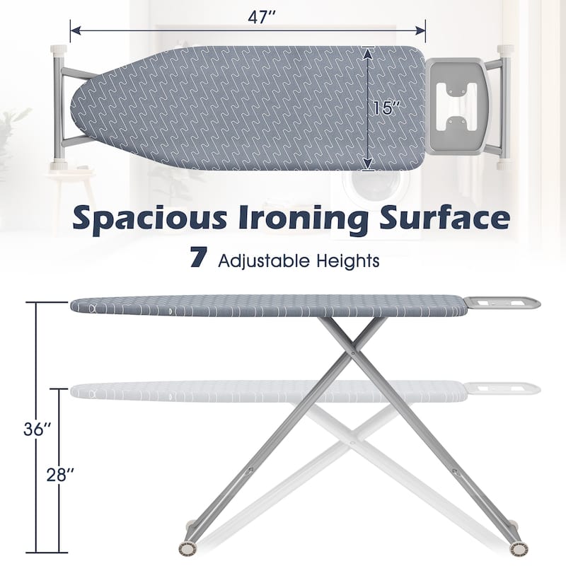 Grey Folding Iron Board with T-Shaped Legs and X-Frame Support Included Safety Iron Rest - 56" x 16.5" x 23"-30"