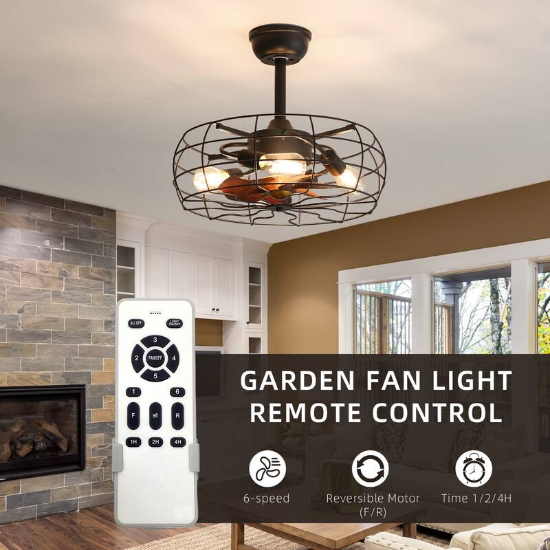19inch Cage Retro Ceiling Fan with Lights, Remote Control or APP(Bulbs included) - black