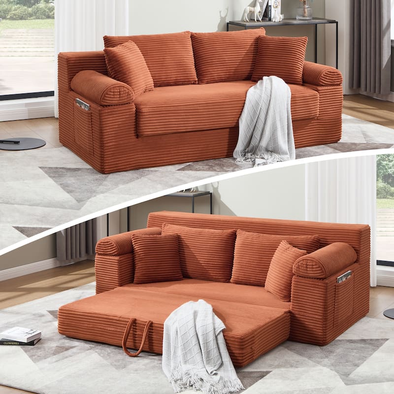 78" W Convertible Sleeper Sofa Bed Corduroy Loveseat with Pillows - Orange