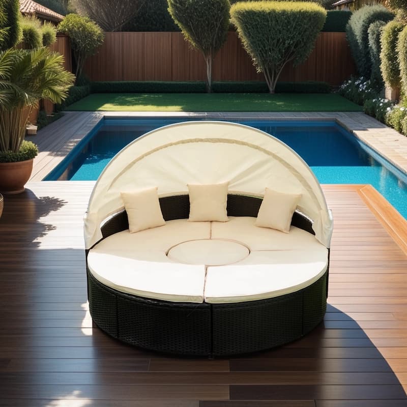 Outdoor Rattan Round Daybed w/Retractable Canopy, Wicker + Cushion - Beige+Black