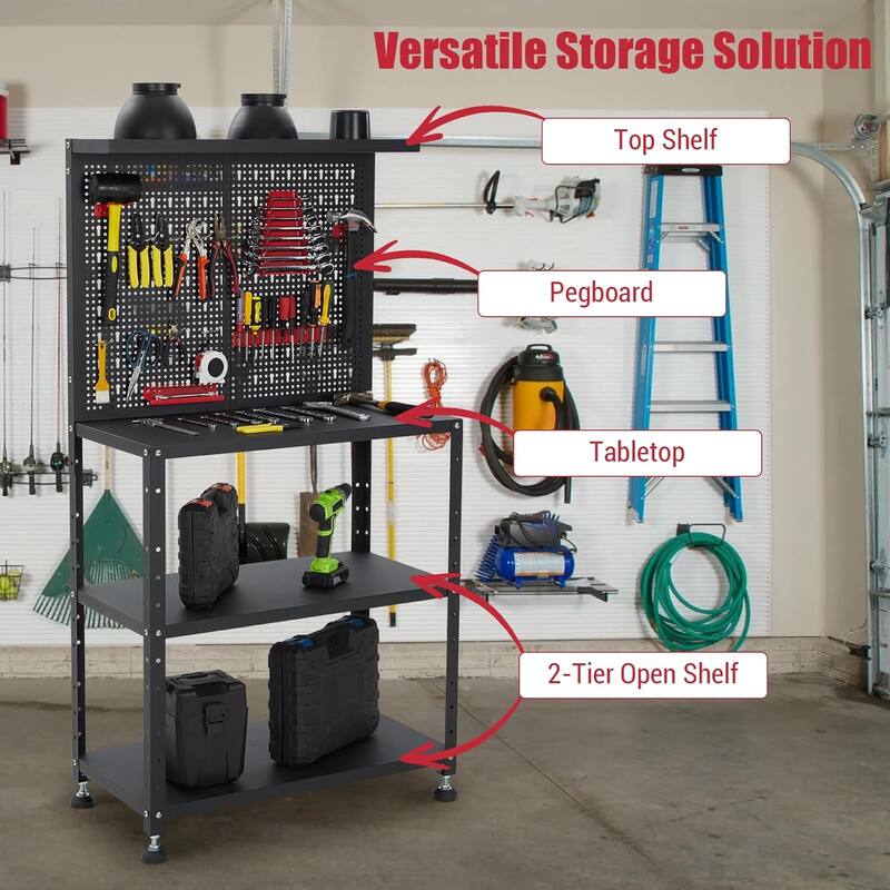 32" Adjustable Heavy Duty Garage Workbench with Pegboard, Tool Holders