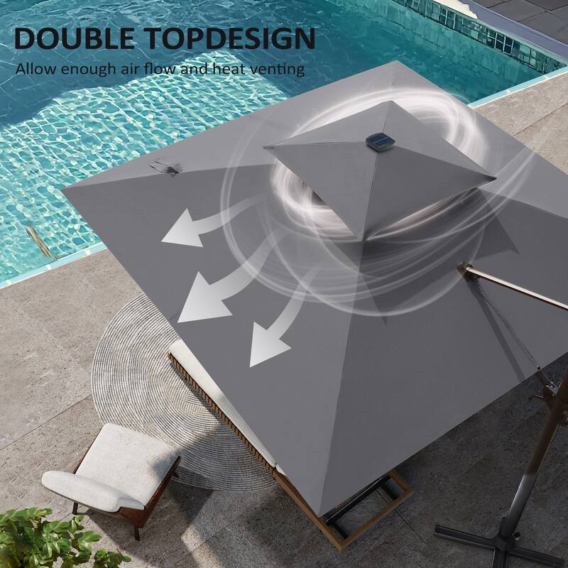 11 FT Square Outdoor Patio Cantilever Umbrella with Solar Lights Rod Wheel Base Double Canopy 360 Rotation Tilt