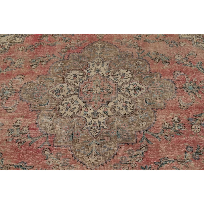 Pink Tabriz Persian Vintage Rug Hand-Knotted Wool Carpet - 7'8" x 10'8"