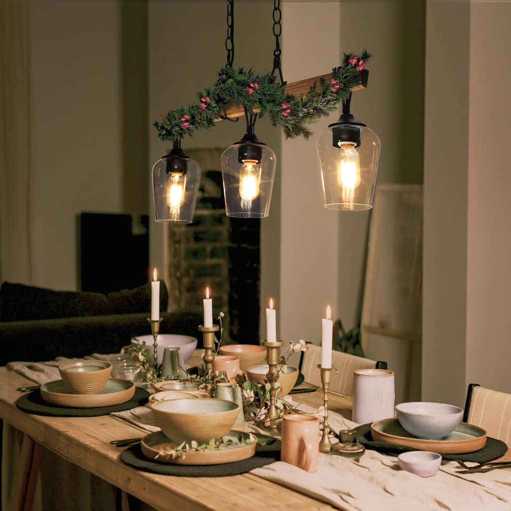 Zarbel Modern Farmhouse Glass Linear Chandelier Rustic 3-Light Black Metal Small Kitchen Island Lights