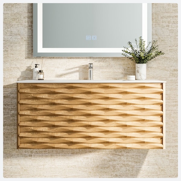 Eviva Nets 39 in. W x 20 in. D Natural Oak and White Wallmount Modern Bathroom Vanity with Solid Surface Integrated Sink Top