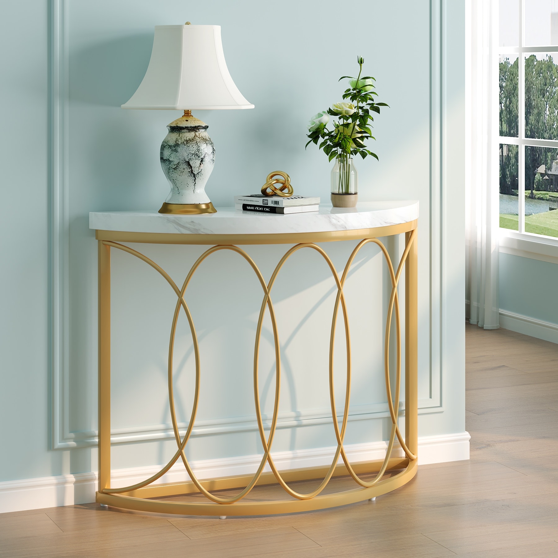 Half Moon Console Table for Entryway, 43 Inch Sofa Table with Faux Marble Top, White and Gold Accent Table
