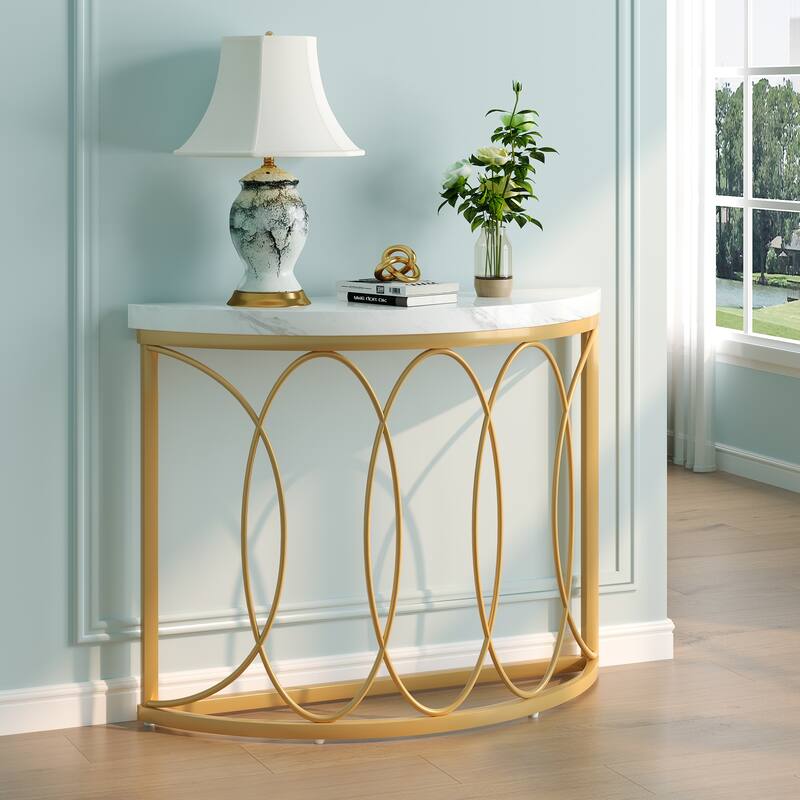Half Moon Console Table for Entryway, 43 Inch Sofa Table with Faux Marble Top, White and Gold Accent Table - White and Gold