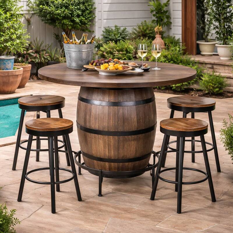 Yael Counter Height Pub Bar Table, Wine Barrel Base, Lazy Susan Top, Brown