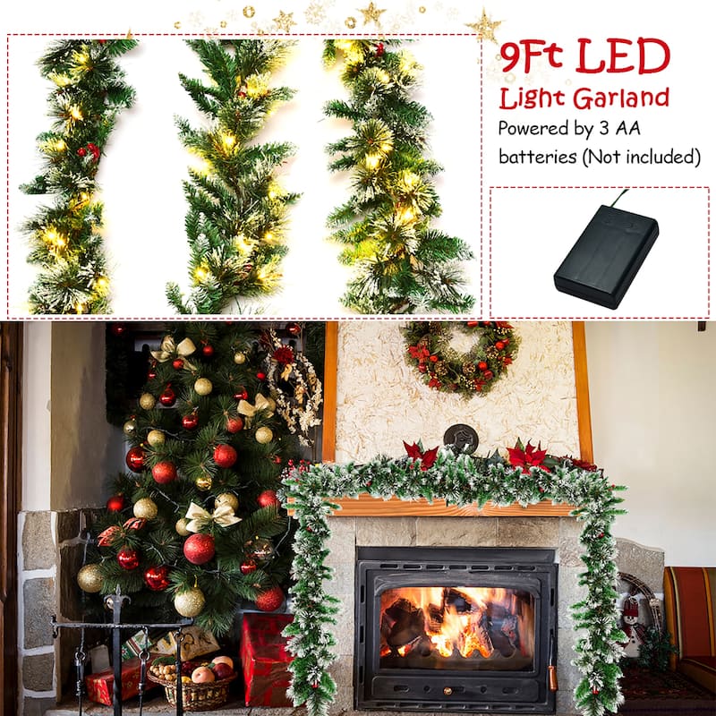 Costway 9ft Pre-lit Christmas Garland w/ Snow Flocked Tips Red Berries - 9 FT