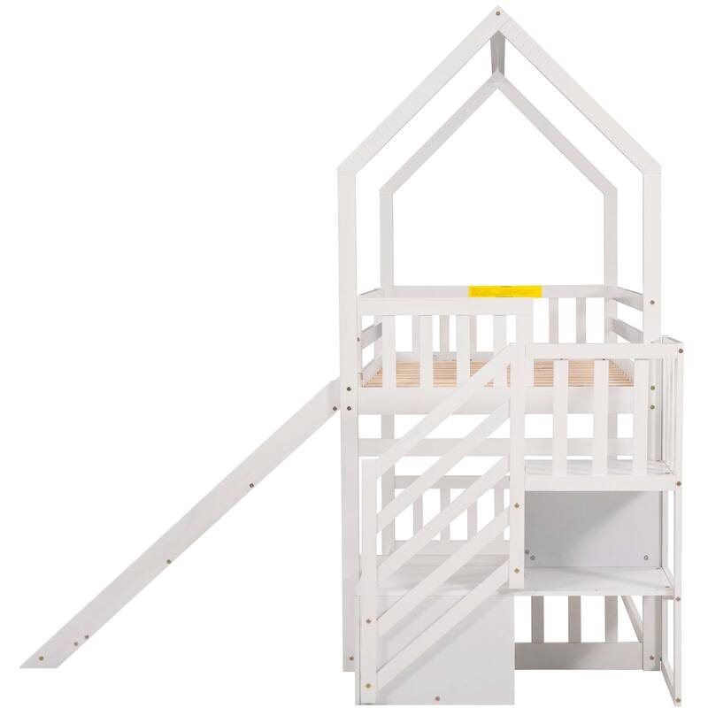 Roomfitters Twin over Twin House Bunk Bed with Convertible Slide and Reversible Storage Staircase