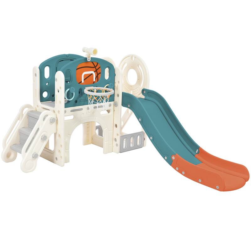 Climbing Crawling Playhouse Freestanding Arch Tunnel With Slide Ring Toss Basketball Hoop Toy Storage Organizer - Blue