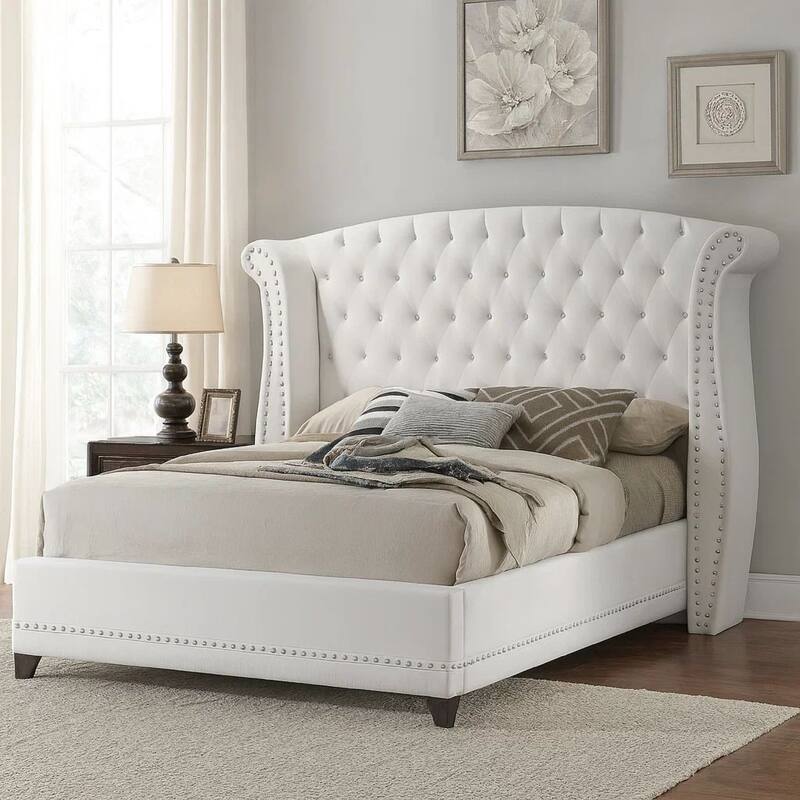 Dini California King Bed, Crystal Button Tufting, White Velvet Upholstery