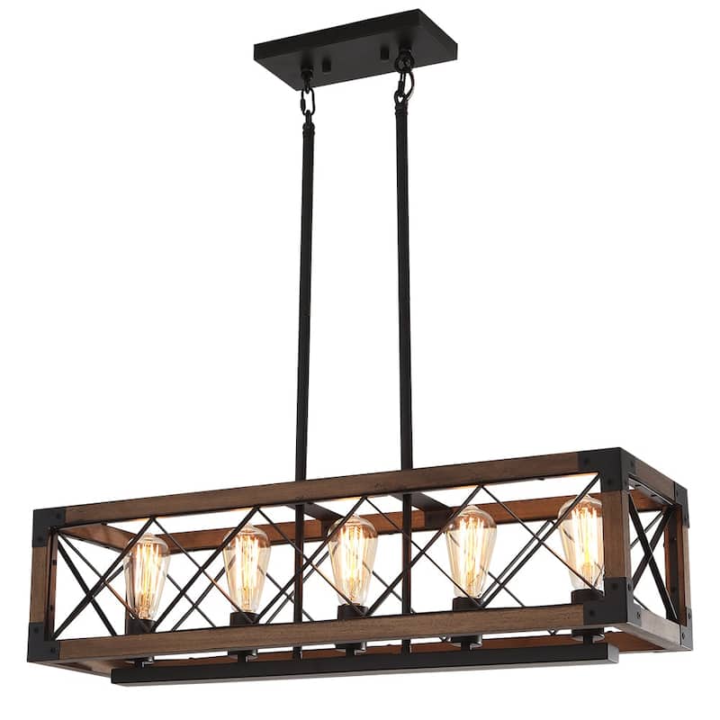5-light Farmhouse Wood Cage Chandelier - Black