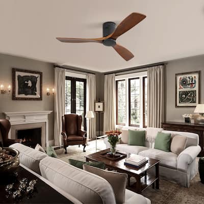 52 Inch Ceiling Fan 3 Carved Wood Fan Blade Noiseless Remote Control Without Light - Black