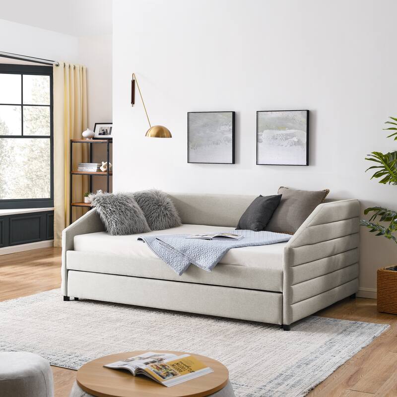 Daybed With Trundle Upholstered Tufted Sofa Bed, Linen Fabric