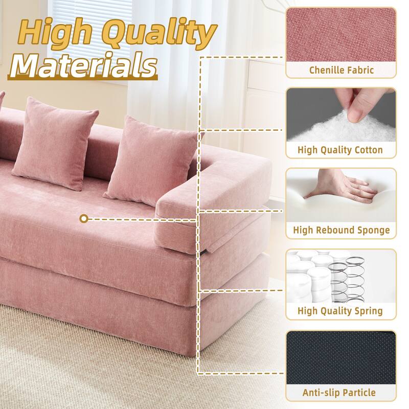 6-in-1 Folding Memory Foam Sleeper Sofa Bed Chenille Floor Chaise Lounge Couch with Side Pocket, Removable & Washable Cover
