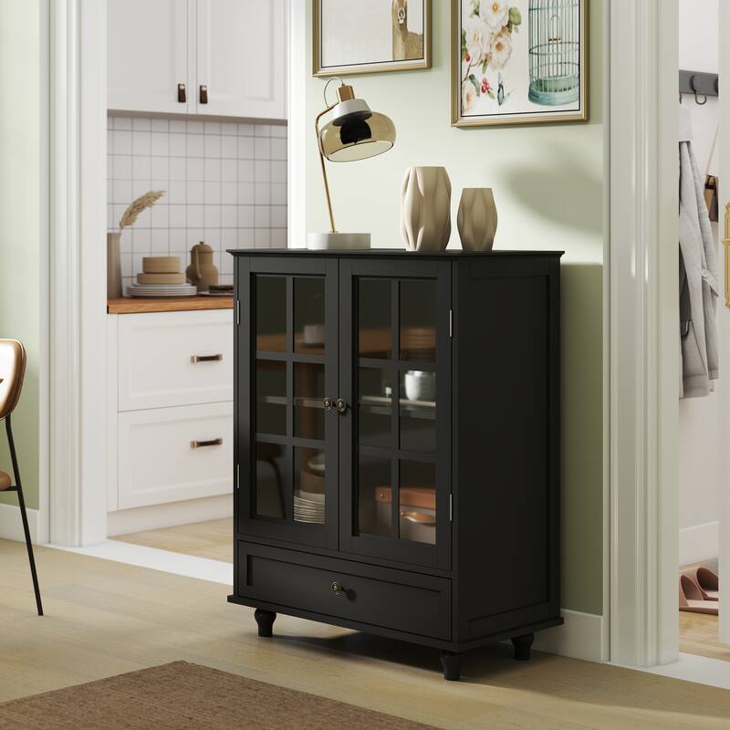 GDFStudio - Lillian Minimalist Buffet Cabinet with Glass Doors, Drawer, and Adjustable Storage