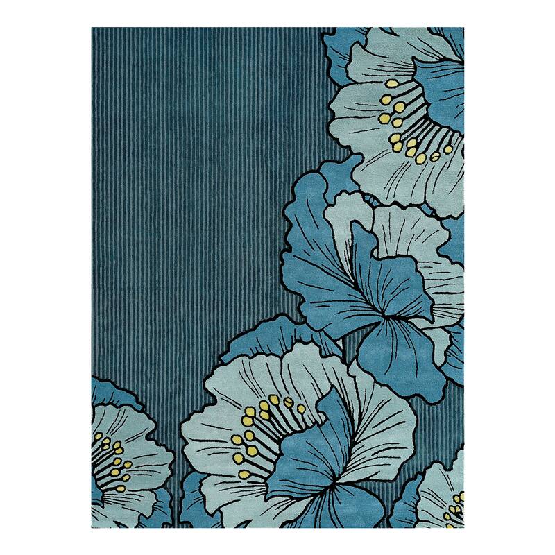 NICOLE MILLER NEW YORK Flora Grandeur Bloom Handcrafted Wool Area Rug - 9' x 12' - Blue - Rectangle